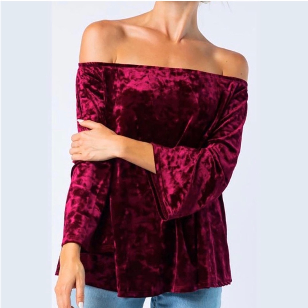LOVE IN Ruby Velvet Off The Shoulder Top